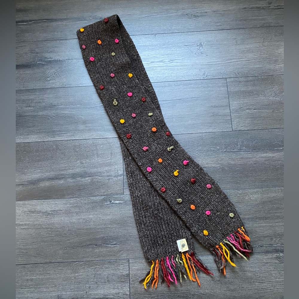 Pachamama Wool Brown Knit Scarf Multicolor Embellishments Hand Knit Ecuador